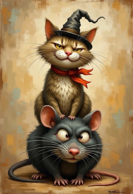 A whimsical evolyzed painting of a smug cat in a hat sitting on an angry rat.