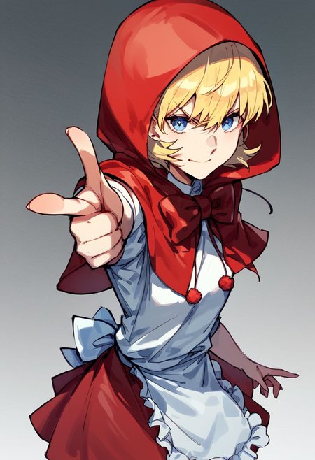 1girl, solo, bulleta, blonde hair, little red riding hood (grimm) (cosplay),red dress,red hood,red capele, fingunatv, finger gun, pointing at viewer, looking at viewer, simple background, white background,  score_9, score_8_up, score_7_up