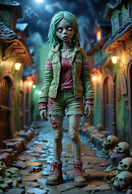 (medium full shot) of (spine-chilling zombie) feminine, petite body,  wearing ghastly green torn jacket, dirt-covered shorts, broken boots, blood, torn bandages, set in  a spooky town, with dark alleys, flickering lights, eerie sounds, and ghostly apparitions , at night, Masterpiece,best quality, very aesthetic,