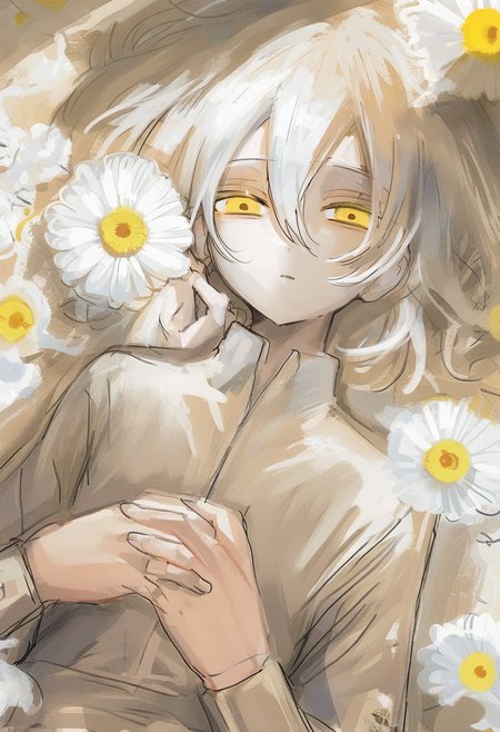 solo, yellow eyes, flower, 1girl, own hands together, looking at viewer, lying, on back, upper body, white hair, short hair, sketch, shirt, long sleeves <lora:shiunXL_NB11_lokr_V6311P:0.95>