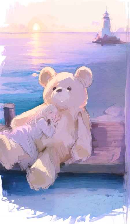 masterpiece, newest,absurdres,incredibly absurdres, best quality, amazing quality, very aesthetic, painterly, pastel colors, 
2 girls, pier, sunset cuddling, oversized teddy bear, lighthouse, yawning, 
 <lora:fuyumur4s4ki_style:0.7> fuyumur4s4ki_illu  <lora:Mika:1>  <lora:pikus0n_illu:1> pikus0n_style, sketch <lora:0__11Xx:1> 0__11Xx_illu