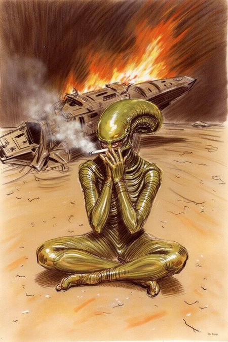 paulcesarhelleu1 illustration. Xenomorph, puffing a cigarette, sitting cross-legged on the ground, a crashed burning spaceship wreckage in the background, desert  <lora:paulcesarhelleu1_cap_d6a3e11:1.0><lora:844381048734397111:0>