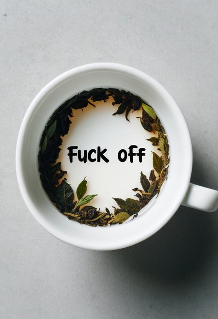 martius_tea <lora:Tea_Leaf_Reading_Style:1> text with the words "Fuck Off"