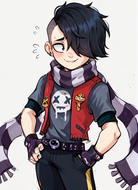 score_9, score_8_up, score_7_up,   <lora:bsedgar:1> ear bsedgar    , 1boy , short hair , black hair, hair over one eye,piercing, solo,striped scarf  ,red vest , grey shirt,  short sleeves, belt , black pants ,black gloves,   fingerless gloves, blush,  nervous smile,   <lora:Aer0Zer0_Artist_Style:1>