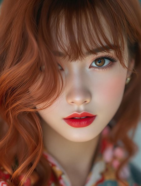 clsoe up shot,  19yo Japanese woman ,lipstick, hair waist-length red hair , bangs covering the left side of her face with a wavy mid-back length hair strand resting on her left shoulder and her eyes are brown, kimono . shallow depth of field, vignette, highly detailed, high budget, bokeh, cinemascope, moody, epic, gorgeous, film grain, grainy