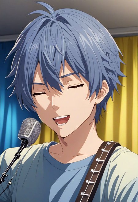 high resolution, solo, best quality, 1Boy, Tomoya Okazaki, Grey Blue Hair, singing, portraits, dept of field, virtual concert, playing musical instrument, OverallDetail