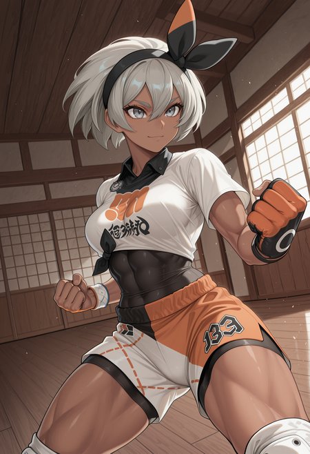 masterpiece, best quality, highres, absurdres, very awa, 1girl, solo, b3a, dark-skinned female, (toned:0.6), medium breasts, grey hair, short hair, hair between eyes, , d0j0, indoors, sliding doors, sunlight, fighting stance, cowboy shot, grey eyes, black bow hairband, two-tone bow, black bow, orange bow, collared shirt, multicolored shirt, white shirt, black shirt, orange shirt, print shirt, bodysuit under clothes, black bodysuit, white wristband, tied shirt, multicolored shorts, white shorts, black shorts, orange shorts, print shorts, knee pads, single glove, partially fingerless gloves, two-tone gloves, black gloves, orange gloves, wooden floor, east asian architecture, legs apart, looking ahead, clenched hands, fists, serious, closed mouth, smile, dutch angle, perspective, from below