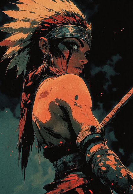Female aztec warrior, tribal, wolf headdress, war paint, face paint, eye black, glowing eyes, in profile, toned arms, braided hair, large breasts, dark and moody background, adds a dramatic tone, subtle lighting reflections, ray traced, foreshortening, particle effect, Holding a sword,