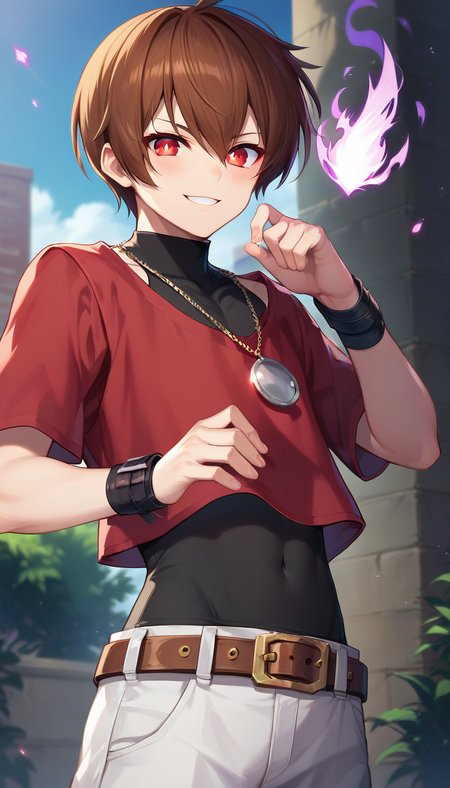score_9,score_8_up,score_7_up,score_6_up BREAK official art,1boy,solo,outdoors,upper body,(portrait:1.5),looking at viewer,facing viewer,evil smile,blush,androgynous,Chris,short hair,brown hair,hair between eyes,bangs,red eyes,glowing eyes,jewelry,necklace,red shirt,turtleneck,black vest,vest covered navel,short sleeves,wristband,bracelet,hands up the fire,pyrokinesis,purple fire,groin,brown belt,white pants,pants rolled up,black socks,red boots,<lora:Chris(kof)-Pony:1.4>,