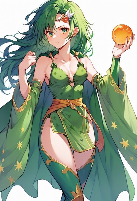 score_9,score_8_up,score_7_up,score_6_up, rydia, long hair, green hair, green eyes. circlet, hair ornament, green cape, green leotard, pelvic curtain, detached sleeves, thigh boots,  zPDXL3,