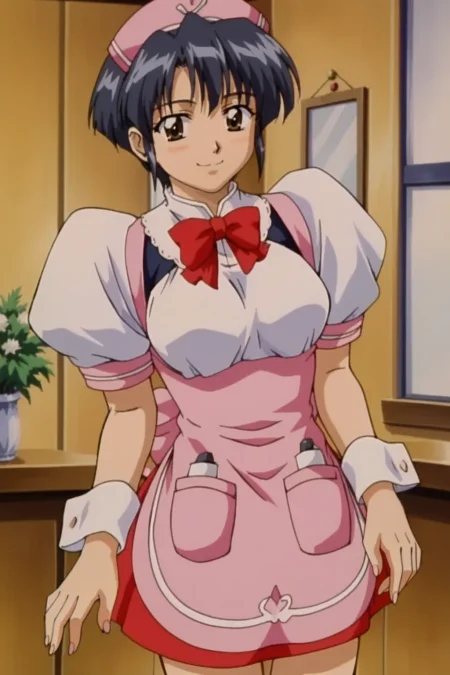 score_9, best, masterpiece, uncensored,
1girl, solo, 1990s (style), retro artstyle, smile,
KamidoSai, waitress, wrist cuffs, apron, puffy short sleeves, maid headdress,  red neck bow,
<lora:MagicalKananKamidoSai_V2:0.8>​​​