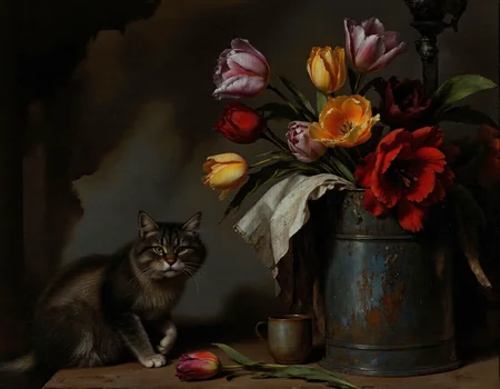 Rembrandt style This photograph captures a serene, rustic still life scene featuring a tabby cat as the central subject. The cat, with a mix of gray, black, and white fur, is sitting on a wooden surface that appears aged and weathered. Its eyes are wide open, giving it an alert and curious expression. The cat's body is positioned upright, with its front paws resting on the edge of the surface., 
To the right of the cat, there is a large, rustic metal container filled with vibrant tulips in various colors including red, yellow, pink, and purple. The tulips have large, open petals and are arranged in a natural, slightly messy way, adding a touch of organic beauty to the composition., 
In front of the container, there is a small, dark brown ceramic mug with a handle. A single tulip, similar to those in the container, lies on the wooden surface in front of the cat, adding to the natural, casual feel of the scene. The background is a dark, muted gray, which contrasts sharply with the vivid colors of the tulips, making them stand out prominently. The overall style of the photograph is realistic with a touch of artistic flair, emphasizing the textures and colors of the objects in a harmonious, visually appealing manner., <lora:chzcat:1> . Baroque, chiaroscuro, realistic, emotional, "flat lighting