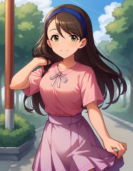 score_9,score_8_up,score_7_up,1girl,solo,cowboy shot,looking at viewer,smile,outdoors,
<lora:nishikawahonami_ponyXLV6:0.8>,cgnhn,nhnha,brown hair,long hair,green eyes,
blue headband,pink shirt,lavender skirt