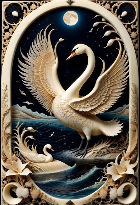 made out of ivory, scrimshaw, bone carving, elegant swan sculpted entirely from ivory, wings carved with delicate oceanic patterns, feathers etched with tiny mythological scenes, gliding over an ink-black lake under moonlight, serene and regal, SDXL, 8k, masterpiece
