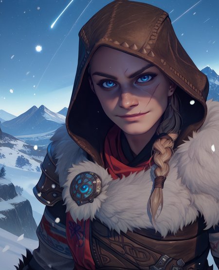 score_9,score_8_up,score_7_up,score_6_up,
eivorxl,scar on face,blue eyes,side braid,fingerless gloves,
brown leather armor,fur trim,red sash,light smile,snowing,hood,looking at viewer,
northern lights,mountains,<lora:Eivor-AS-11XL:0.9>,
