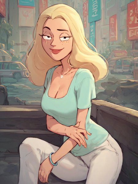 <lora:DianePony1.0:1> diane, 1girl, blonde hair, solo, freckles, long hair, necklace,white pants breasts, cleavage, aqua shirt, smile, bracelet,looking at viewer, holding own arm,naughty face,  score_9, score_8_up, score_7_up, score_6_up city,