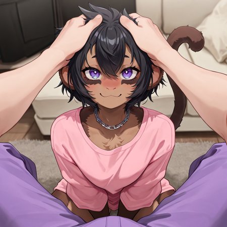 masterpiece, best quality, newest, absurdres, highres, furry, perfect anatomy, MewMewM,1girl,solo,furry,furry female,short hair,black hair,hair between eye,animal ears,purple eyes,necklace,body fur, brown fur,monkey tail, pink shirt, oversized shirt, purple pants, pajama pants, living room, couch, happy, smiling, sitting, petting cheek, petting face, looking at viewer, playful, pov, adoration, viewer petting anthro,