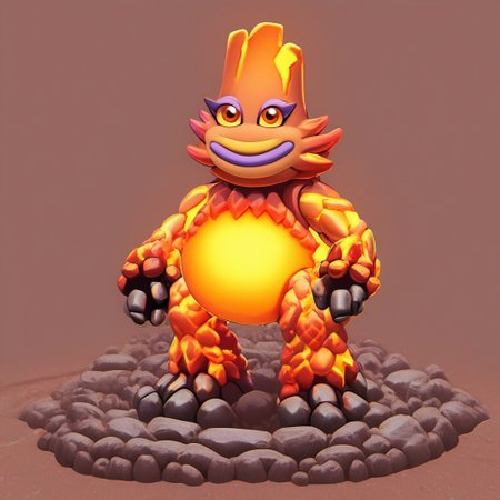 Amber on the background,Latex,KaynaMSM, fire-themed, glowing molten belly, rocky cracked outer skin, light yellow sclera, colored sclera, dark orange eyes, light purple eyelashes, light purple lips, big lips, orange tongue, colored tongue, no humans, pokemon (creature), smiling,beautiful,high-quality,solo,1female,