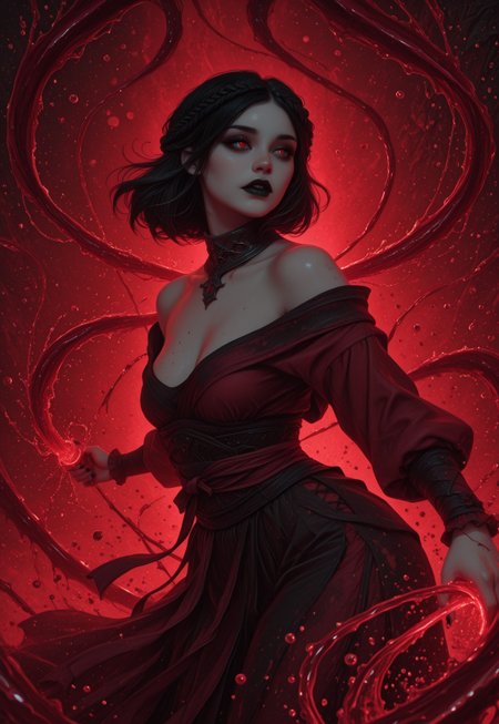 (masterpiece:1.4), (best quality:1.3), (very aesthetic:1.2), (absurdres:1.1), (hyperdetailed:1.05), 8k, ultra-HD, high detail,  depth of field, (realistic), highres, newest, detailed_eyes, subject_focus, vampire fangs, artist:moriimee

(black, red, white, Limited Palette, monochromatic colors),

1girl, off the shoulder, (erotic), white skin, red eye, abstract, splatter, splash art, simple background, fog, bokeh,

ccserana,double crown braid,black hair,medium hair,red eyes,mascara,slit pupils,black lips,black nails, jewelry,silver gorget,kimono,
cowboy shot,
tilted head, abstract, splatter, splash art, simple background, bokeh,

Blomagmb2, blood magic concept, casting blood magic, blood tendrils, liquid blood manipulation, crimson aura, 1girl,solo, blood, blood stream,
action pose, huge amount of blood