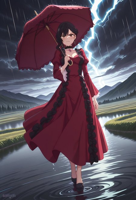 masterpiece, best quality, amazing quality, dynamic view,  solo, dynamic view,  solo, 1girl, masterpiece, best quality, bokeh, luminescent background, 
( corneliaadenauer,, 
Black hair, long hair, side swept, bangs, brown eyes, earrings, lace choker, medium breasts,,
 long dress, red dress, black lace, jewelry,,
 )
outdoors, storm, (rain:1.2), cloudy sky, dark clouds, lightning, wind, umbrella, umbrella in hand,  full body, dutch angle, cleavage, , scenery, mountainous horizon, wet clothes, wet, wet hair, looking at viewer, wet dress, see-through dress, v-shaped eyebrows, closed mouth