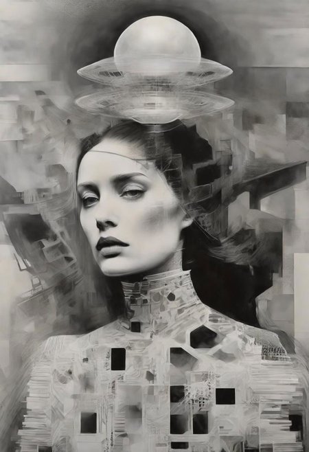 Monochrome black and white, Giger, Beksinski, Zawadzky, Dali, Magritte, Delvaux, Bellmer, Malevitch, Rodchenko, Mondrian, Kandinsky, Popovna, psychedelic hallucination, pop surrealism, rough crosshatch drawing pop art Lunatic_Portrait of a young woman in latex Avant-garde Fashion page, slick back, low bun, black makeup, sinister expression, intense glare, avant-garde, abstract, weird, geometric, constructivism, suprematism, rayonism, verticism, lineism, tj