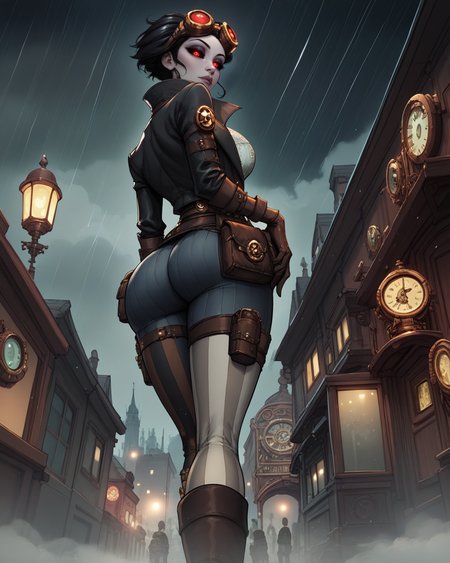 score_9, score_8_up, score_7_up,score_6_up, score_5_up, score_4_up , 1girl solo,
large breasts,
LadyM_DG,
black sclera, red eyes, black hair, short hair,eyeshadow, 
asymmetrical legwear, gloves, belt,belt pouch, steampunk,striped pants, black pants, goggles on head,
black coat, wind, high heel boots, trench coat, 
city, night, fog, rain,
half-closed eyes, from below, glowing eyes, looking at viewer, 
crowd,
from behind, ass, 
 <lora:Lady Mechanika (PonyXL) v01-000003:0.90>