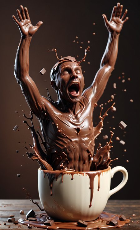(surprised:0.5) man drowns inside a cup of chocolate, splashes, night, waving his arms, splashes, night, 8k, F2.8, RAW Photo, ultra detailed,  cofzee <lora:cofzee:0.8>  <lora:xl_more_art-full_v1:0.7>