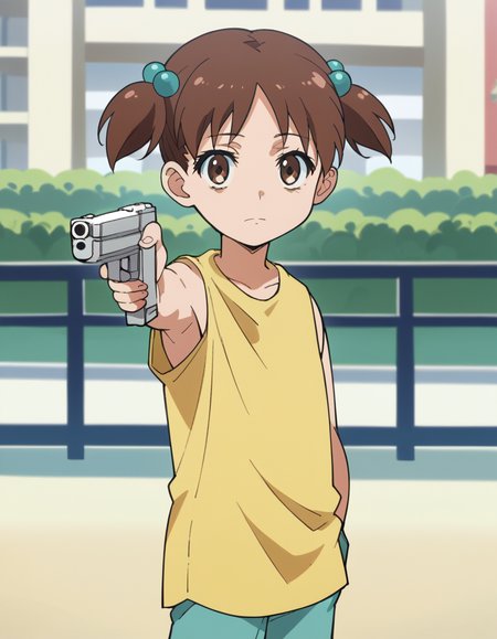 score_9, score_8_up, score_7_up, source_anime, <lora:kana-hazamaya-s1-ponyxl-lora-nochekaiser:1>, kana hazamaya, short hair, brown hair, hair ornament, twintails, brown eyes, hair bobbles, short twintails, child, anime screencap,, dress, sleeveless, yellow dress, Buildings, architecture, man made, urban, interior, , <lora:yusuf-dikec-ponyxl-lora-nochekaiser:1> yusuf dikec, yusuf dikec (meme), meme, hand in pocket, handgun, holding gun, gun, shirt, t-shirt, pants, audience, cowboy shot,, looking at viewer, solo,, dutch angle, cowboy shot