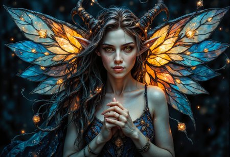 ArsMJStyle, Stained Glass,dark fantasy, eerie,. A Medium shot of a breathtaking young elf with delicate, stained glass butterfly wings, glowing softly as they catch the light. She floats slightly above the ground, her wings shimmering in the air, her hands clasped together. Her skin is smooth, flawless, and radiant, with a soft, silky texture and no visible imperfections. The stained glass wings shimmer with vivid, reflective hues, capturing the light like a prism. Her expression is serene, with a peaceful smile, while her hair rests softly on her shoulders, shining under the moonlight. Highly detailed, photorealistic, sharp focus, volumetric lighting, realistic shadows, ultra-high definition, and cinematic atmosphere. , <lora:StainedGlassFlux.safetensors:1.0:1.0> <lora:fantasy-flux-v1.safetensors:1.0:1.0> <lora:Flux Darkfantasy_epoch_1.safetensors:0.75:0.75>