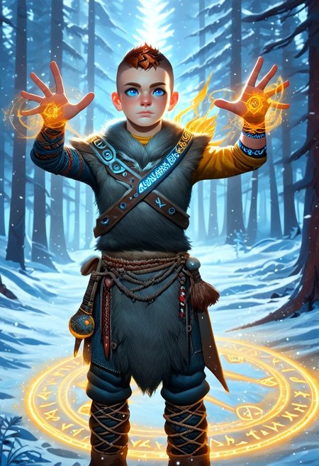 1boy, male focus, solo focus, Atreus, grey fur tunic, ginger hair, pale blue eyes, undercut, brown fur boots, snowy forest, viking, hands outstretched, glowing magic runes, magic array, Glowing Rune Circle, perfect hands