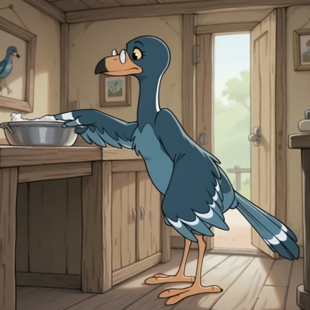 masterpiece, best quality, amazing quality, Magpiebbil, semi-anthro, female, bird, blue feathers, black eyes, yellow sclera, winged arms, glasses,  standing, inside, cleaning
