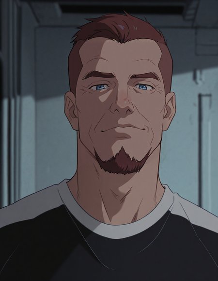 masterpiece, best quality, newest, perfect quality, best quality, detailed background, intricate details, male focus, anime, solo, <lora:Titan AE - Joseph Korso - Illustrious_epoch_7:0.7>, titan_korso, 1boy, mature male, brown hair, very short hair, crew cut, goatee, blue eyes, goatee, black two-tone shirt, portrait, head tilt