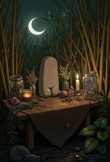 4lt4r digital concept art of a rustic altar tucked within a swamp overgrown with reeds, its surface covered with an animal skin. A stone sculpture shaped like a human buttocks, with exaggerated proportions. rest atop the altar, as well as some dried frog legs, bunches of swamp herbs, lit candle and a glass jar with some fireflies inside, crescent moon glows in the sky creating magical atmosphere.