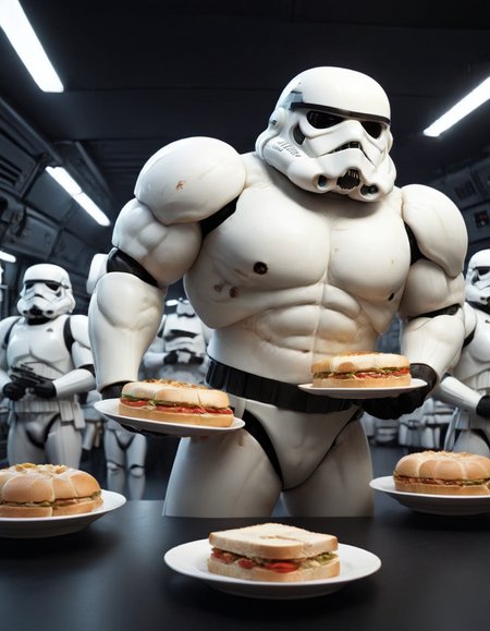 extremely (anthroid:1.5), stormtrooper on the death star holding a plate full of sandwiches, film still <lora:AnthRoid:1.1>