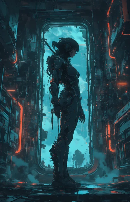 realistic art, side view and slightly angled view of a  a female figure inside a futuristic cockpit or chamber surrounded by intricate technological details. The medium appears to resemble digital art with vibrant colors and a high level of detail.  <lora:MJanime_Flux_LoRa:1>   <lora:- Flux1 - the_edgy_mech_V1.0-step00008200:.6>