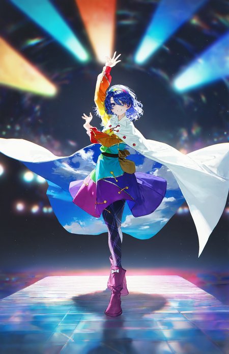tenkyuu_chimata, 1girl ,rella, quasarcake:0.7, rolua, optical illusion, negative space, saturday_night_fever,blue_hair, breasts, cape, hairband , looking_at_viewer ,multicolored_hairband, pantyhose, purple_eyes ,short_hair ,smile, solo, sweat ,white_cape, disc,  disco,CDs,  dance_floor, dancing,wide shot,
<lora:illustrious_noobai_epsilon_pred_1_best_quality_v1:0.7> ,<lora:illustrious_noobai_epsilon_pred_1_masterpieces_v1:0.7>, <lora:ponyv4_noob1_2_adamW:0.5>, <lora:add_details_xl:0.7>, <lora:CDs_SDXL:1>,
masterpiece, best quality, amazing quality, very aesthetic, absurdres, newest,