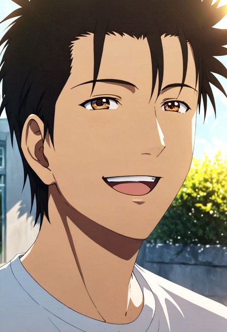Highres, Masterpiece, High Quality, 4K, 8K, solo, 1Boy, Soujirou Agata, brown eyes, black hair, sunny weather, sunshine, potrait, laughing, looking at viewer, easynegative, detailed_eye_model