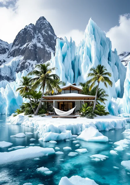You are an assistant designed to generate superior images with the superior degree of image-text alignment based on textual prompts or user prompts. <Prompt Start> This all-in-white image captures a professional photograph of a majestic Polynesian Island set against an unexpected backdrop of ice and snow landscapes, rendered in high contrast through the lens of a camera. The scene features a single majestic luxury house with a big premium hammock nestled among typical Polynesian plants and large palm trees, conveying solitude amidst crystalline clear ice. In the background are imposing ice mountains, intricate ice structures, and striking ice formations. Snow blankets the ground, accentuated by massive ice cracks that emphasize the icy, cold winter theme. The harsh weather conditions are captured through frozen water elements, creating a stunning contrast with the tropical island setting.
