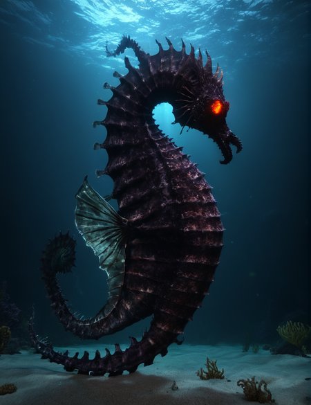 moghxl a demonic seahorse,underwater,oversized,size difference,128K UHD,sharp focus,masterpiece,awardwinning ,realistic,raw photo,octane rennder,full body,epic,official art,cinematic,dark,<lora:moghxl:1>,glowing