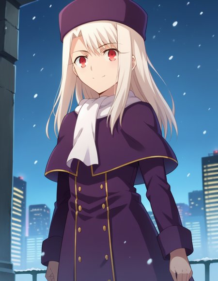score_9, score_8_up, score_7_up, source_anime, 
illyasvielvoneinzbern, <lora:illyasviel-von-einzbern-ponyxl-lora-nochekaiser:1>, 
illyasviel von einzbern, long hair, red eyes, white hair, smile,
hat, boots, scarf, coat, capelet, white scarf, purple headwear, fur hat, papakha,
outdoors, cityscape, snowing,
looking at viewer, cowboy shot, dutch angle, dynamic pose,