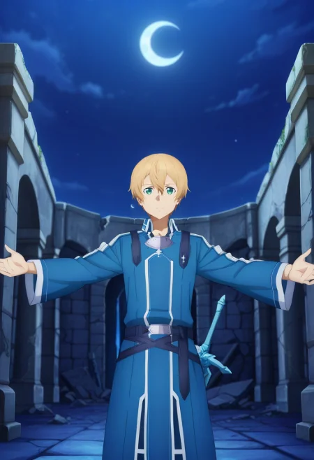 masterpiece, best quality, intricate details, anime screencap, , , looking at viewer, 1boy, solo, male focus, <lora:eugeo_sao_ilxl:1>, eugeo_sao, blonde hair, green eyes, bangs, hair between eyes, short hair, sword, wide angle, wide shot, cowboy shot, ancient ruins, night, crescent moon, spread arms, relaxed, medieval costume