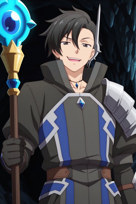 masterpiece, best quality, amazing quality,high resolution, intricate details,official style,depth of field,anime screencap,anime coloring, , , 1boy, solo, male focus,  <lora:kelvin_celsius:0.88>,kelvin celsius,black hair,black eyes,side swept,short hair,looking at viewer,black coat,accessory,gloves,jewelry,staff,shoulder armor,black gloves,holding staff,open mouth,upper teeth,smug smirk,outdoors,indoors,cave,from below