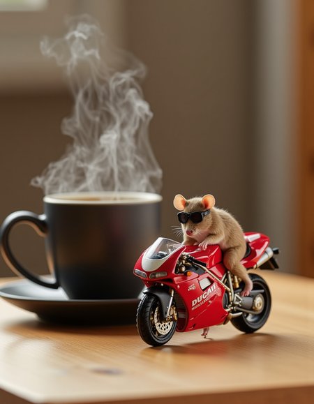 realistic photo of a Miniature Ducati 916 motorcycle, on the kitchen table next to a steaming mug of coffee, a cute mouse wearing motorcycle goggles is standing next to the motorcycle getting ready to ride, sharp focus, highly detailed, <lora:FLUX.1d_-_Miniatures:1>, flxmni, solo, <lora:Ducati 916:1>