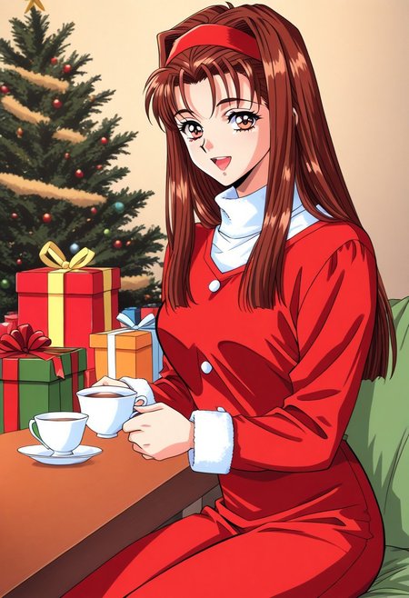 masterpiece, best quality, newest, highres, uncensored, 1girl, yokota mamoru style,1girl,
Matsudaira Youko,girl,brown hair,long hair,1990s (style),hairband，amber eyes
1girl, solo, christmas tree, cup, gift, brown hair, christmas, long hair, hairband, gift box, box, teacup, sitting, smile, open mouth