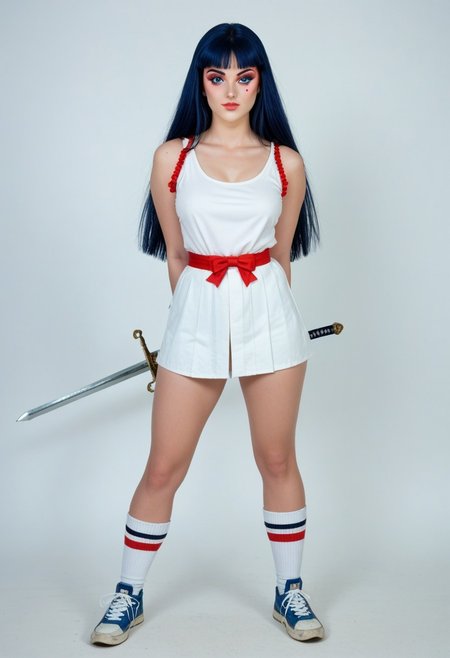 score_9, score_8_up, score_7_up, realistic, looking at viewer, from front, ((hands Behind back)), ladykayura, ronin warriors, solo, perfect round ass, butt cheeks, Venus dimples, 1girl, retro, ((eye makeup)), top knot, blue hair, 1980s (style), bangs, long hair, blue eyes, portrait, makeup, thigh high socks, tank top, tiny kimono, open kimono, panty bows, big chunky hitop sneakers, swords