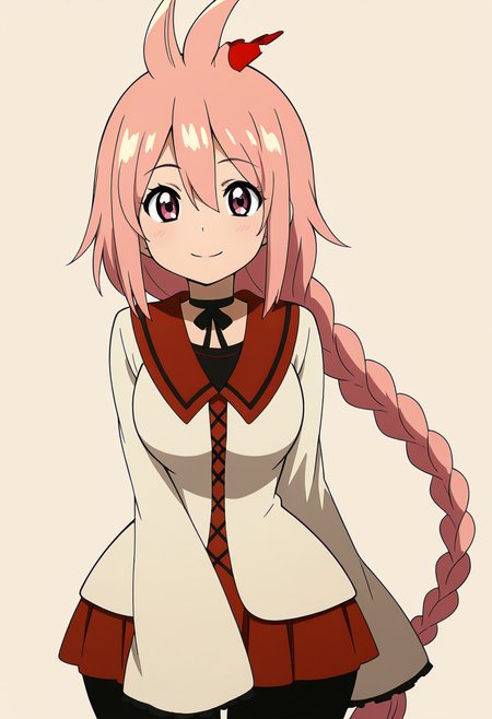 masterpiece, best quality, solo, curvy, beautiful eyes, narrow waist, wide hips, 1girl, solo, smile, looking at viewer,   zzKaede, pink eyes, hair between eyes, ahoge, antenna hair, long hair, pink hair, single braid,  school uniform, choker, sleeves past wrists, red skirt, black pantyhose,   ,<lora:KaedeByKurumiErika_IXL:1.0>, dynamic pose, cowboy shot, smile, looking at viewer, shiny skin,