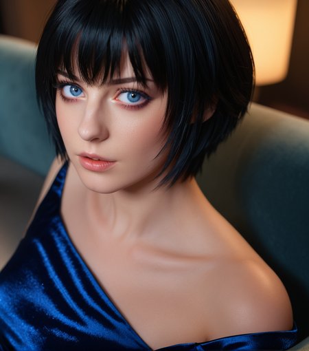 <lora:dmc5lady_08XL-000008:0.9>(dmc5lady woman:1.1),(heterochromia:1.5) with (left brown eye:1.2) and (right blue eye:1.2),face focus,1girl,wearing an elegant blue dress (close up:1.2),sitting on a sofa,with short black hair,with bangs,with perfect makeup,3d,35mm photograph,film,bokeh,professional,4k,highly detailed,masterpiece,award-winning,professional,highly detailed