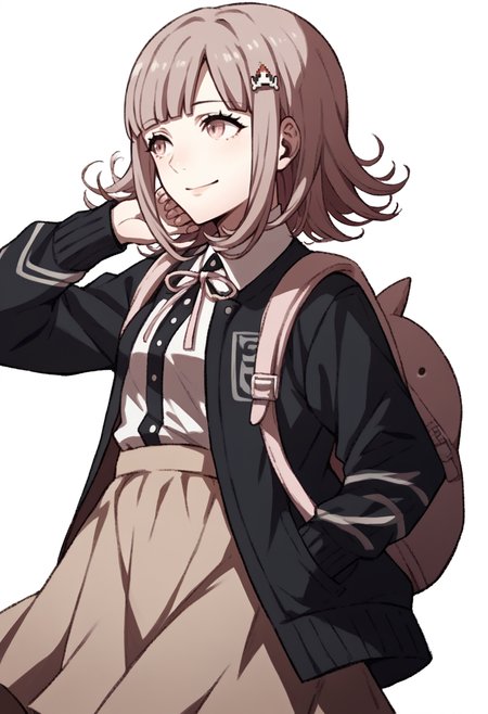 score_9, score_8_up, score_7_up, source_anime, 1girl, smile, <lora:zs_AwakeningPortraitsXL:1> awakeningportraits, portraits, white background, <lora:danganronpa2_nanami_ponyXL:1> nanami chiaki, hairclip, black jacket, long sleeves, two-tone shirt, neck ribbon, brown skirt, backpack