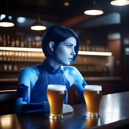 cinematic photo 1girl, short hair, blue skin, science fiction, having a beer in a pub  <lora:Cortana1024:0.8> . 35mm photograph, film, bokeh, professional, 4k, highly detailed