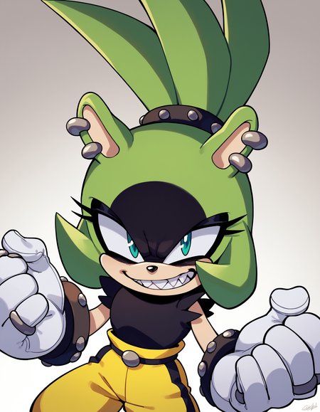 zPDXL, score_9, score_8_up, score_7_up, score_6_up, score_5_up, source_anime, 4k, absurdres, 1girl, solo,
<lora:Surge_v1-3-15:0.8> surge the tenrec, aqua eyes, green fur, black fur, two-tone fur, hair up, black eyeshadow, white gloves, animal ears, 
clenched teeth, sharp teeth, cracking knuckles, looking at viewer, grin